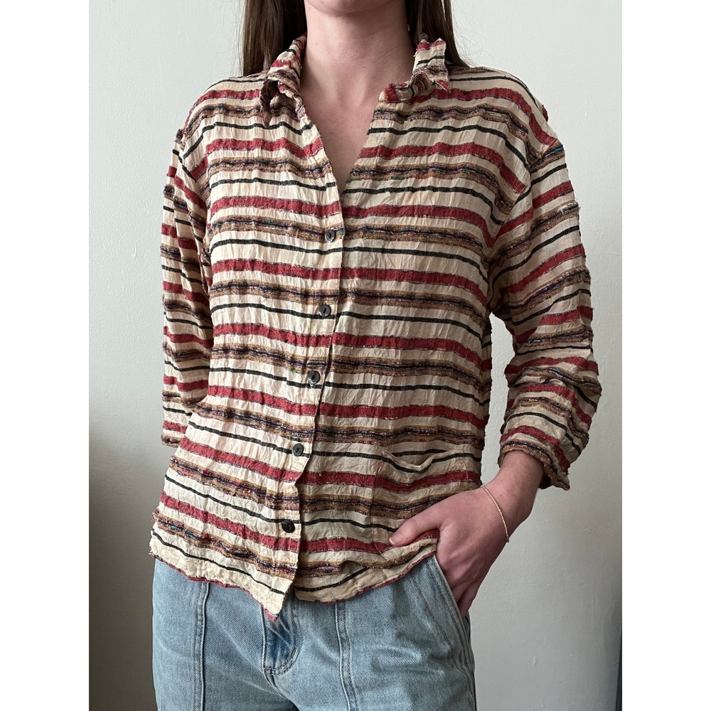 Vintage Chicos Design Silk Shirt Boho Indie Striped Button Down Red Black Size M